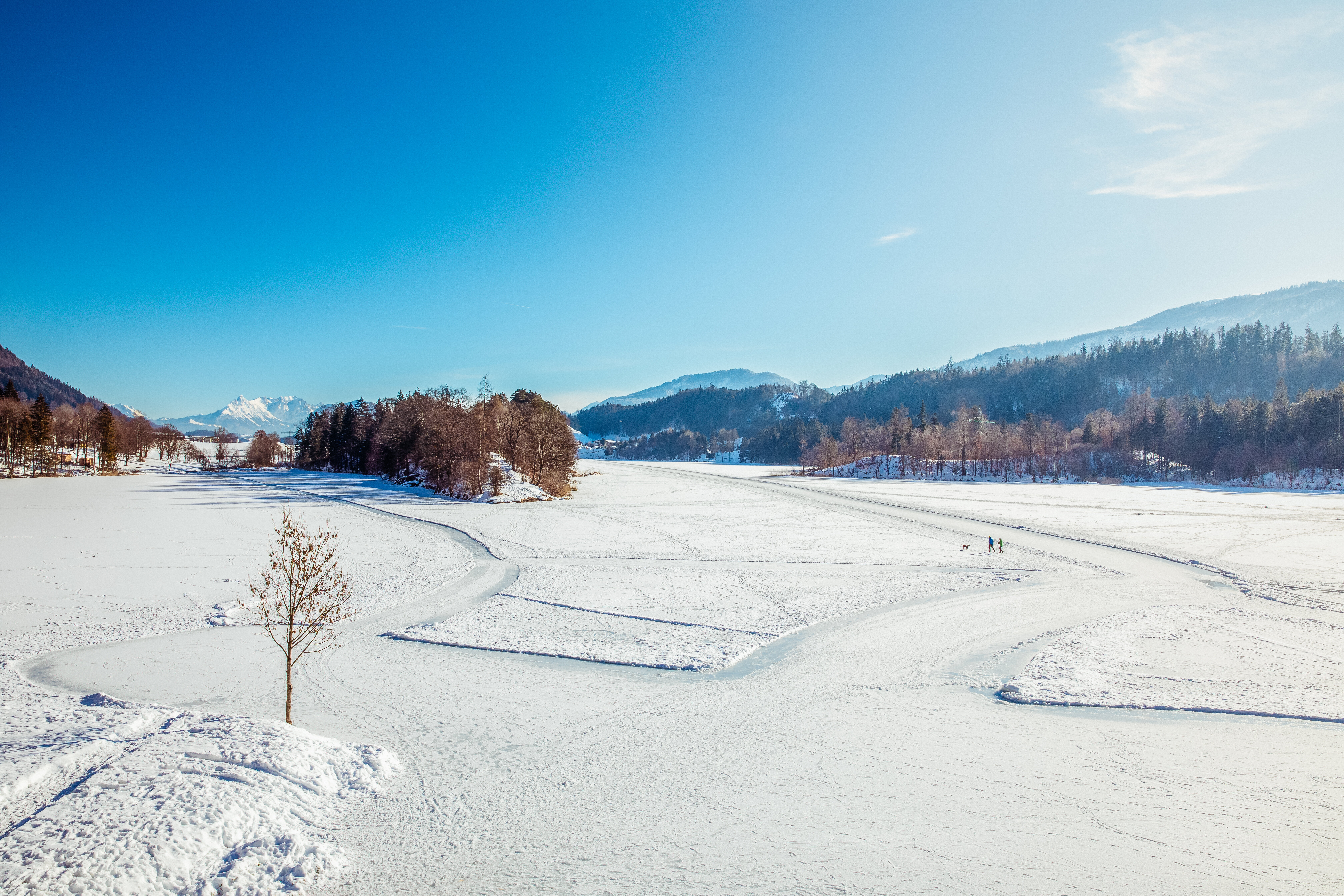 Der Reintalersee in Kramsach, eingebettet in Schnee, auf dem See Spuren für Fußgänger und Eisläufer  | © Alpbachtal Tourismus | Matthias Sedlak 