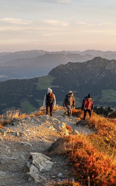 Zwei Männer und eine Frau wandern gerade zum Gipfel  Wiedersberger Horn, im Hintergrund die schöne Aussicht auf das Alpbachtal  | © Alpbachtal Tourismus | shootandstyle 